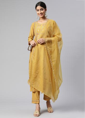 Yellow Cotton Blend Festival Wear Zari Work Readymade Salwar Suit