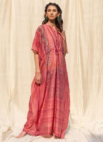 Light Pink Soft Silk Casual Wear Digital Printed Kaftan