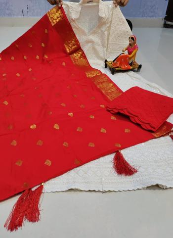Red Pure Cotton Traditional Wear Embroidery Work Gown With Dupatta