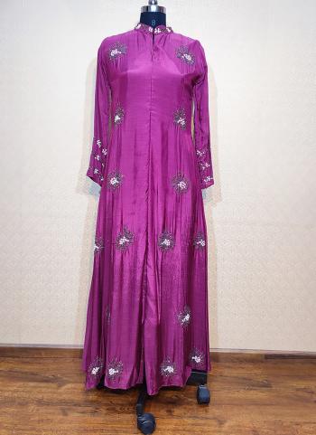 Purple Silk Festival Wear Embroidery Work Gown