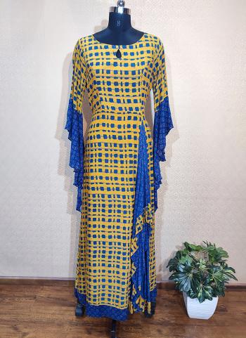 Yellow Rayon Festival Wear Printed Work Gown