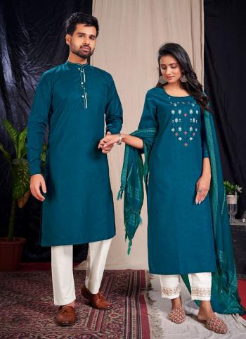 Blue Cotton Traditional Wear Embroidery Work Couple Kurta Pajama