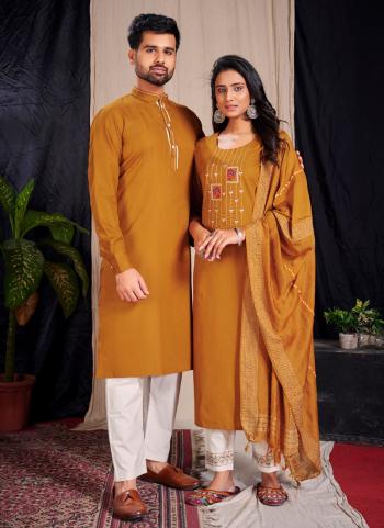 Mustard Cotton Traditional Wear Embroidery Work Couple Kurta Pajama