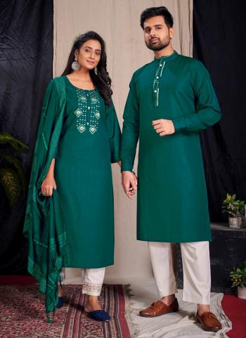 Rama Cotton Traditional Wear Embroidery Work Couple Kurta Pajama