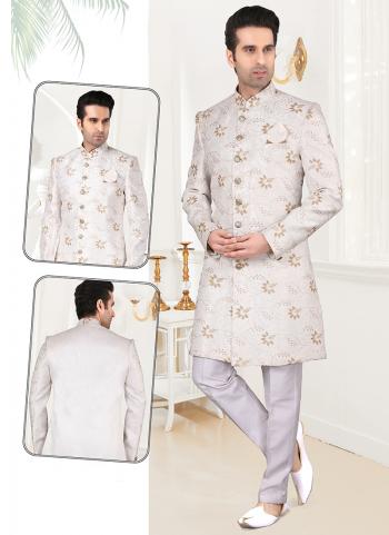 Off White Art Silk Wedding Wear Weaving Sherwani