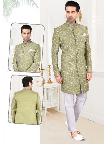 Pista Green Art Silk Wedding Wear Weaving Sherwani