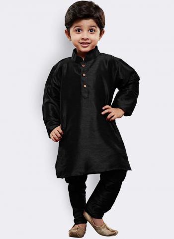 Black Dhupion Silk Traditional Wear Plain Kids Kurta Pajama
