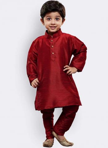 Maroon Dhupion Silk Traditional Wear Plain Kids Kurta Pajama