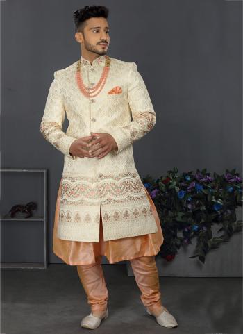 Cream Lakhnowi Silk Wedding Wear Weaving Sherwani