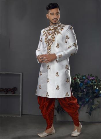 Gray Jacquard Art Silk Wedding Wear Weaving Sherwani