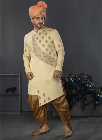 Light Yellow Lakhnowi Silk Wedding Wear Weaving Sherwani