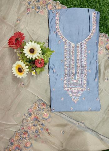Blue Muslin Festival Wear Embroidery Work Dress Material