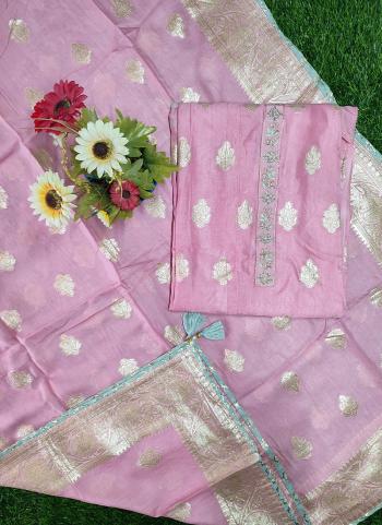 Pink Upada Silk Party Wear Hand Work Dress Material