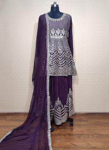 Purple Pure Silk Wedding Wear Hand Work Sharara Suit