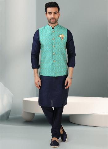 Green Banarasi Silk Party Wear Jacquard Kurta Pajama With Jacket