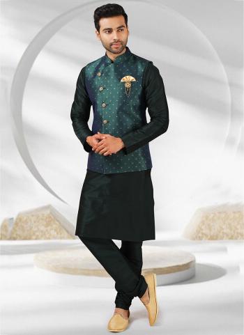 Bottle Green Banarasi Silk Party Wear Jacquard Kurta Pajama With Jacket