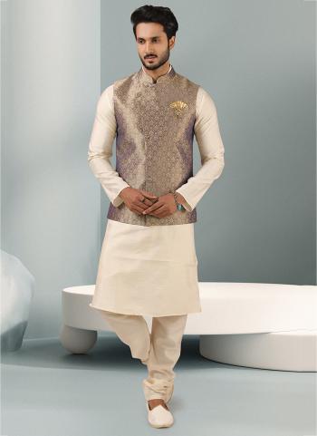 Cream Banarasi Silk Party Wear Jacquard Kurta Pajama With Jacket