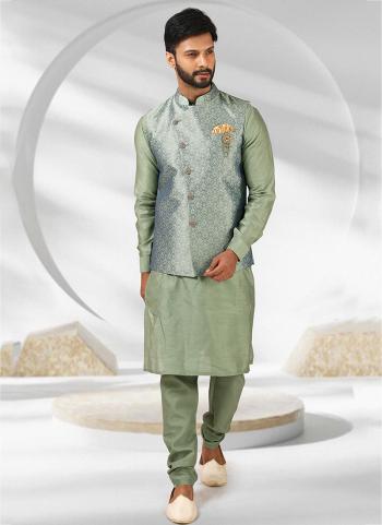 Light Green Banarasi Silk Party Wear Jacquard Kurta Pajama With Jacket