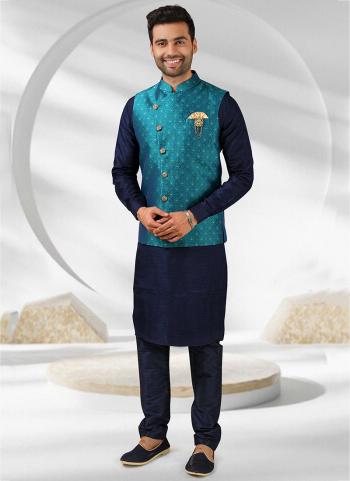 Navy Blue Banarasi Silk Party Wear Jacquard Kurta Pajama With Jacket