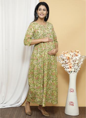 Green Cotton Daily Wear Printed Work Maternity Gown