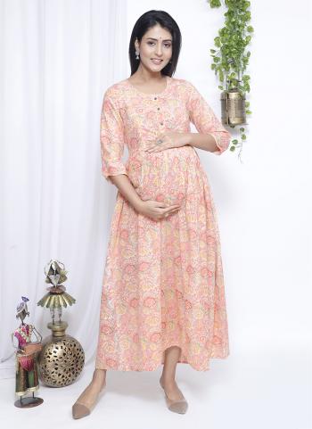 Peach Cotton Daily Wear Printed Work Maternity Gown