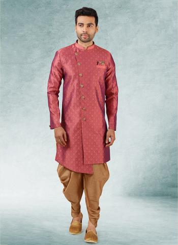 2 tone Crimson Jacquard Brocade Silk Wedding Wear Pintux Peshawari Indo Western