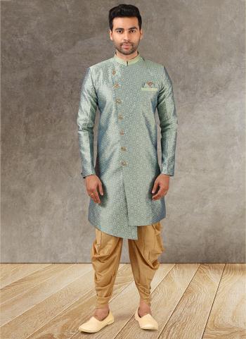 2 tone green blue Jacquard Brocade Silk Wedding Wear Pintux Peshawari Indo Western