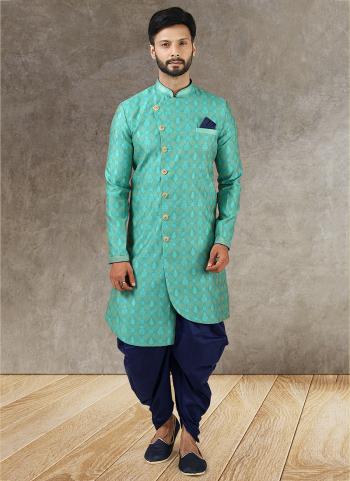 Teal green Jacquard Brocade Silk Wedding Wear Pintux Peshawari Indo Western