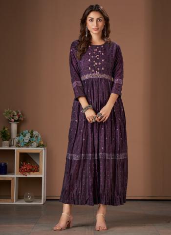 Purple Poly Muslin Casual Wear Digital Printed Gown