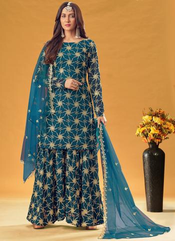 Blue Faux Georgette Reception Wear Embroidery Work Sharara Suit