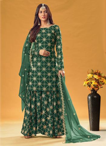 Green Faux Georgette Reception Wear Embroidery Work Sharara Suit