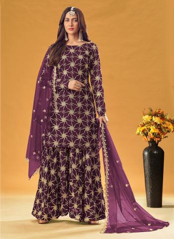 Purple Faux Georgette Reception Wear Embroidery Work Sharara Suit