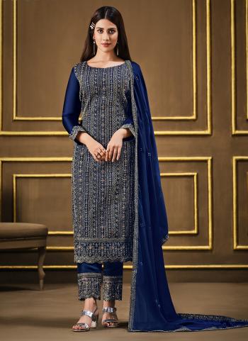 Navy Blue Georgette Traditional Wear Embroidery Work Salwar Suit