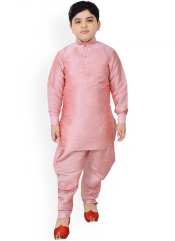 Light Pink Dupion Silk Party Wear Weaving Kids Kurta Pajama