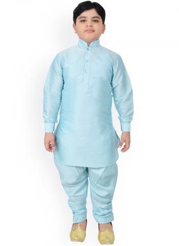 Sky Blue Dupion Silk Party Wear Weaving Kids Kurta Pajama