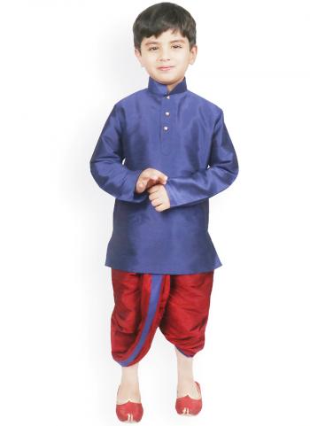 Blue Dupion Silk Traditional Wear Weaving Kids Kurta Pajama
