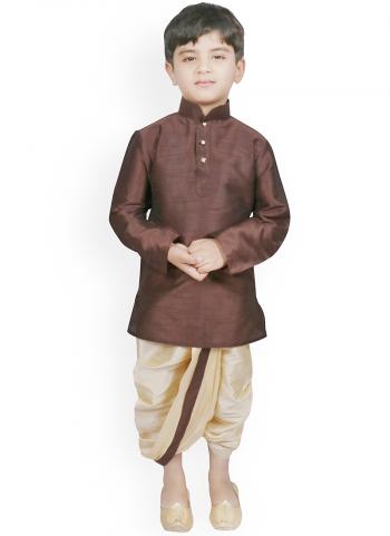 Brown Dupion Silk Traditional Wear Weaving Kids Kurta Pajama
