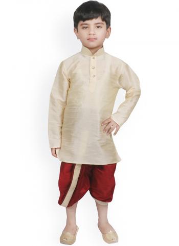 Cream Dupion Silk Traditional Wear Weaving Kids Kurta Pajama