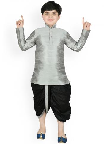 Gray Dupion Silk Traditional Wear Weaving Kids Kurta Pajama