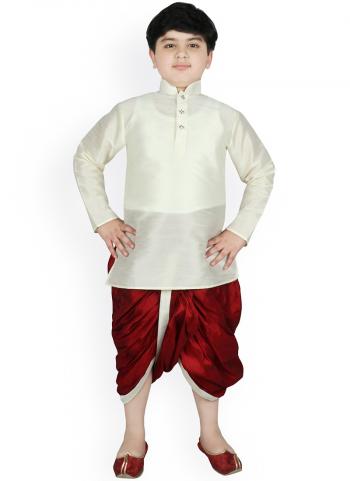 Off-White Dupion Silk Traditional Wear Weaving Kids Kurta Pajama