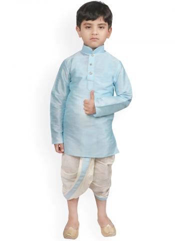 Sky Blue Dupion Silk Traditional Wear Weaving Kids Kurta Pajama