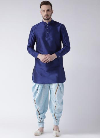 Blue Dhupion Silk Traditional Wear Plain Dhoti Kurta Pajama