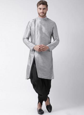 Grey Dhupion Silk Festival Wear Plain Dhoti Kurta Pajama