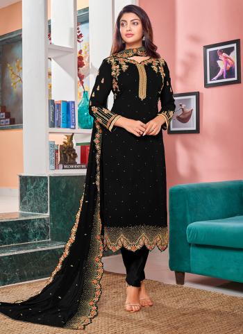 Black Faux Georgette Party Wear Embroidery Work Churidar Suit