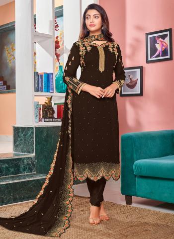 Brown Faux Georgette Party Wear Embroidery Work Churidar Suit
