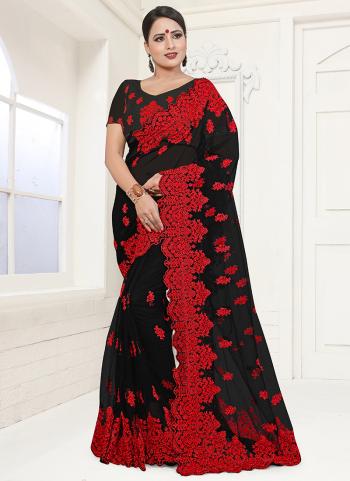 Online Wedding Wear Black And Red Net Resham Work Saree