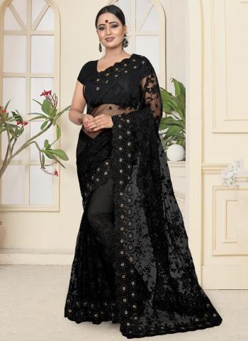 Beautiful Black Net Wedding Wear Resham Work Saree