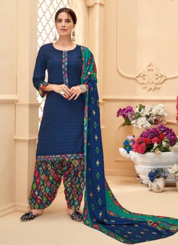 Blue Pashmina Daily Wear Printed Work Patiala Suit