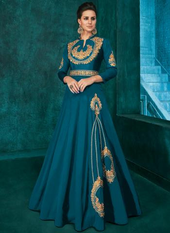 Blue Silk Party Wear Embroidery Work Gown
