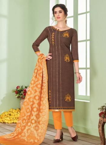 Brown Cotton Regular Wear Embroidery Work Churidar Suit